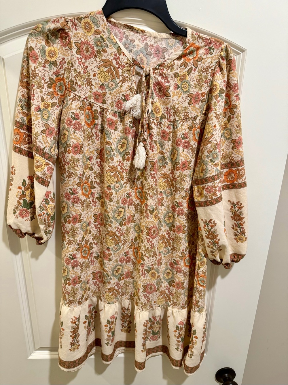 Boho Floral Tie-Neck Peasant Dress in Cream, Rust & Sage
